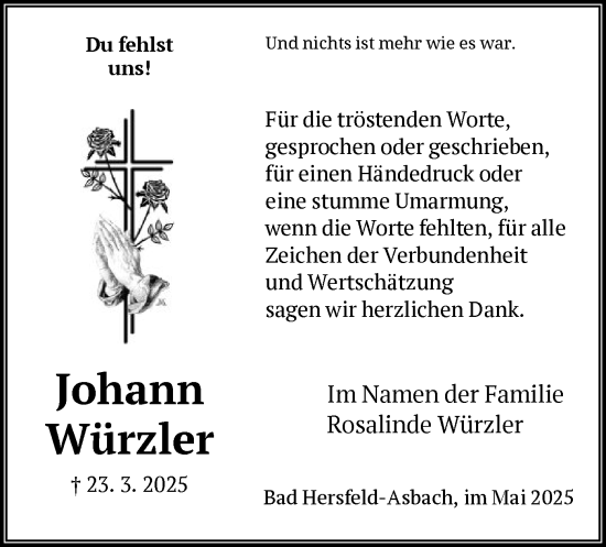 Traueranzeige von Johann Würzler von HZ