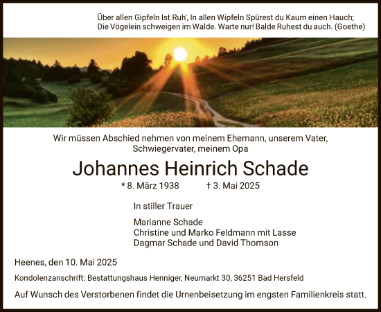 Traueranzeige von Johannes Heinrich Schade von HZ