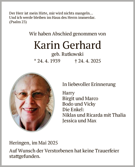 Traueranzeige von Karin Gerhard von HZHN