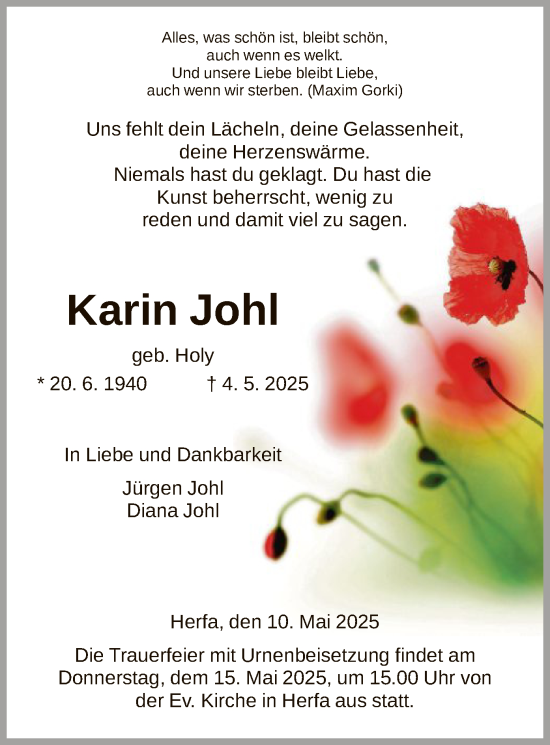 Traueranzeige von Karin Johl von HZ