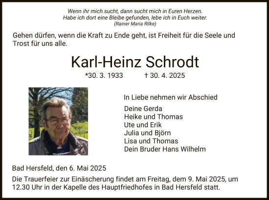 Traueranzeige von Karl-Heinz Schrodt von HZ