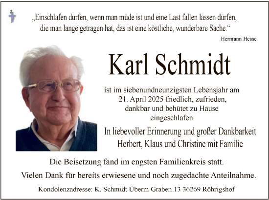 Traueranzeige von Karl Schmidt von HZ