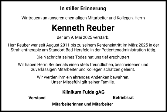 Traueranzeige von Kenneth Reuber von HZ
