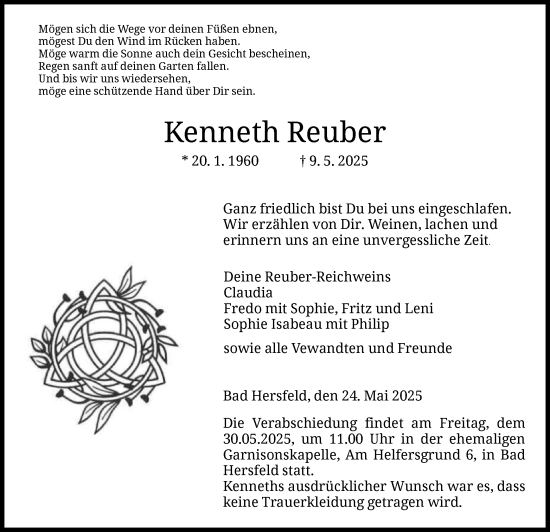 Traueranzeige von Kenneth Reuber von HZ