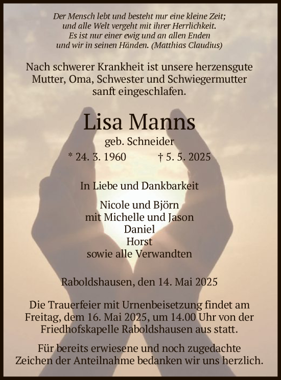 Traueranzeige von Lisa Manns von HZ