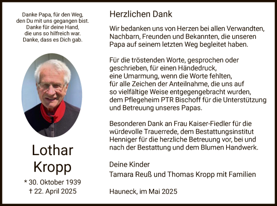 Traueranzeige von Lothar Kropp von HZHN