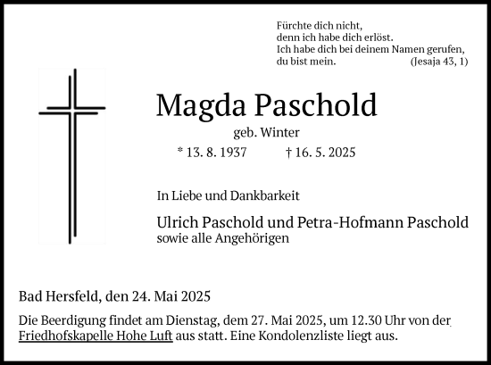 Traueranzeige von Magda Paschold von HZ