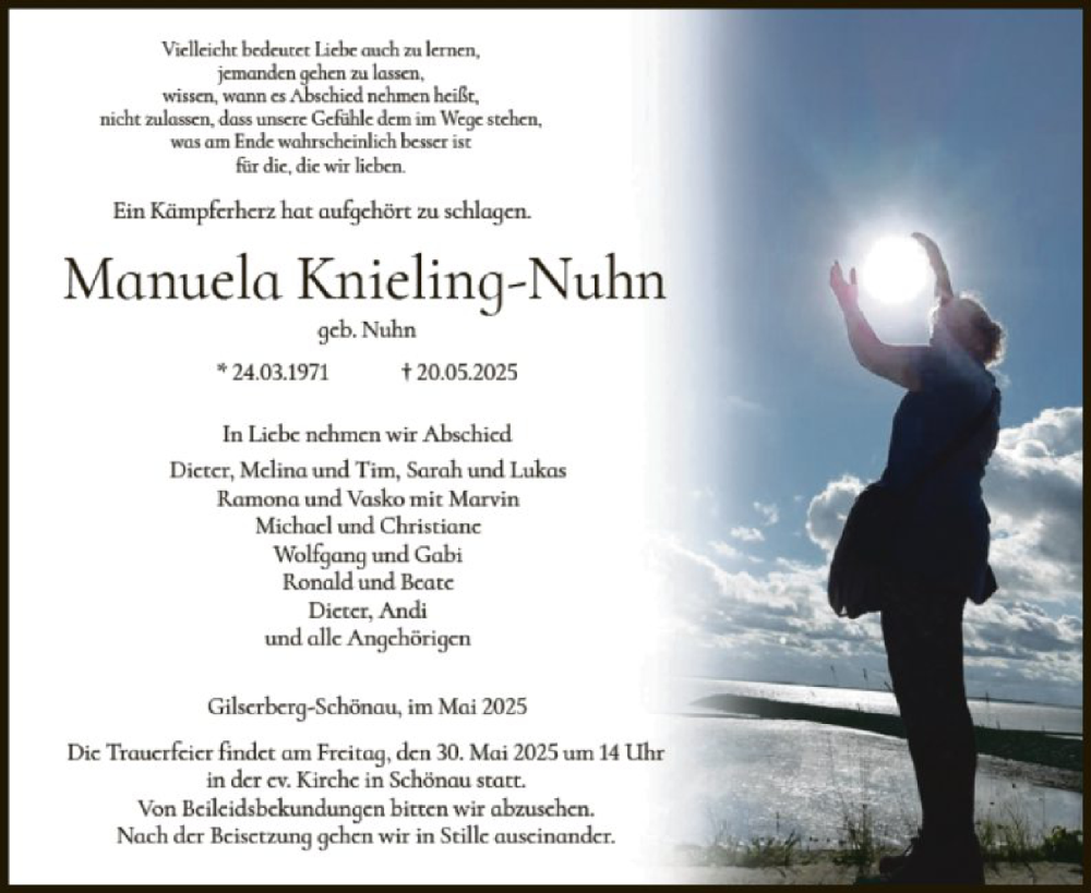  Traueranzeige für Manuela Knieling-Nuhn vom 24.05.2025 aus HZ