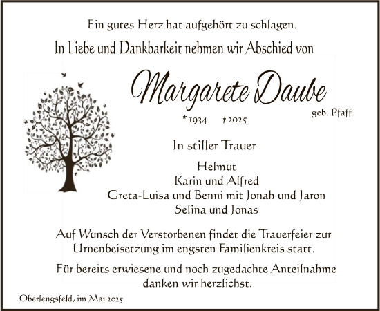 Traueranzeige von Margarete Daube von HZHN