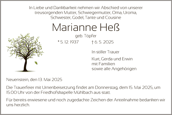 Traueranzeige von Marianne Heß von HZ