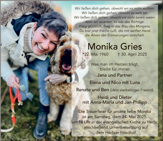 Traueranzeige von Monika Gries von HZHNA