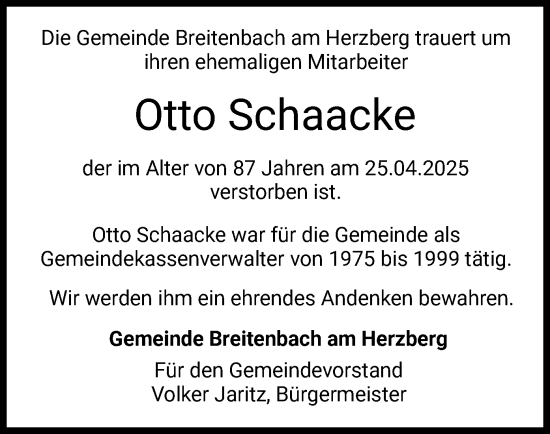 Traueranzeige von Otto Schaacke von HZ