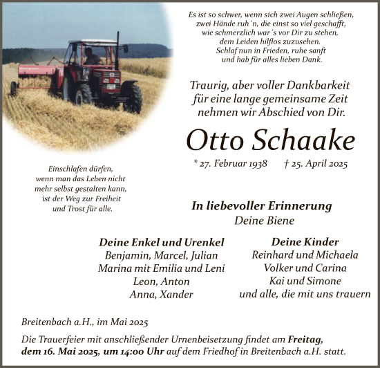Traueranzeige von Otto Schaake von HZ