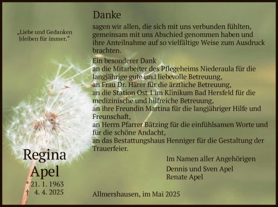 Traueranzeige von Regina Apel von HZ