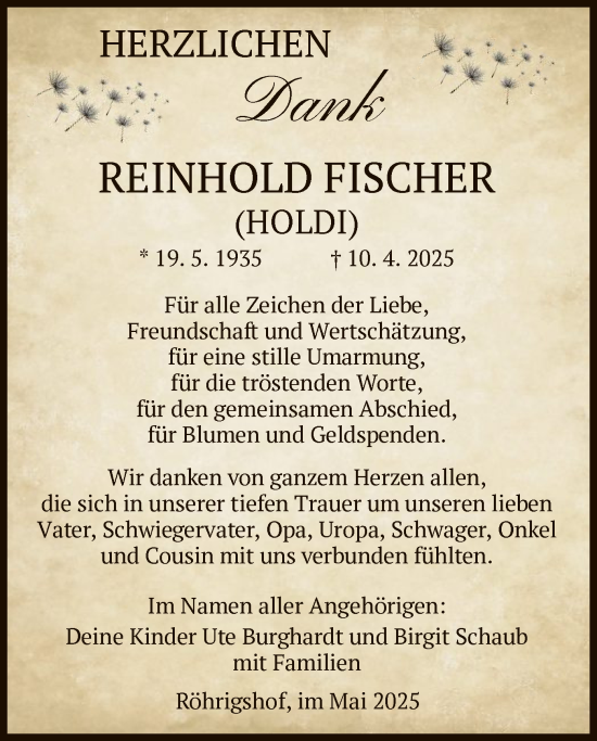 Traueranzeige von Reinhold Fischer von HZ