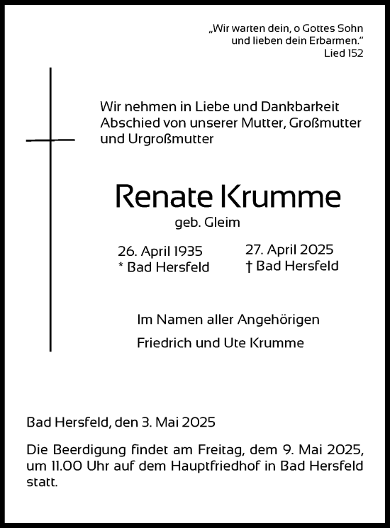 Traueranzeige von Renate Krumme von HZ