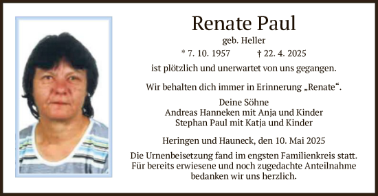 Traueranzeige von Renate Paul von HZ