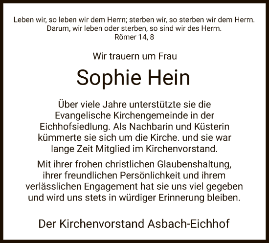 Traueranzeige von Sophie Hein von HZ
