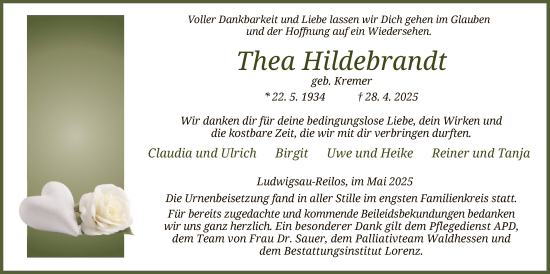 Traueranzeige von Thea Hildebrandt von HZHNA