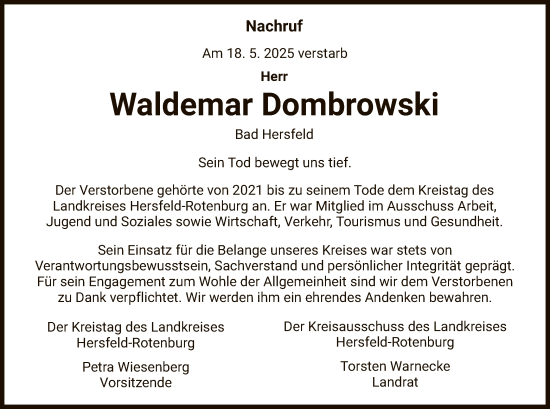 Traueranzeige von Waldemar Dombrowski von HZHNA