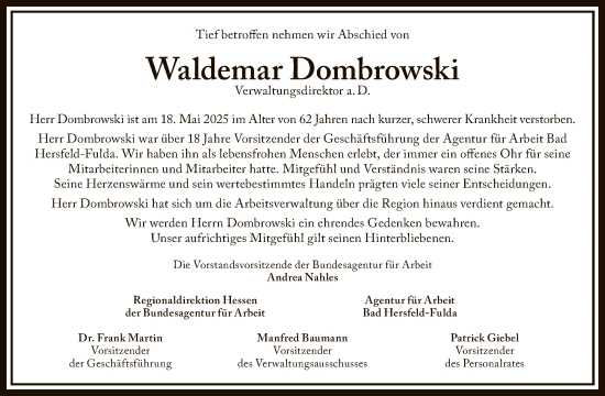 Traueranzeige von Waldemar Dombrowski von HZ