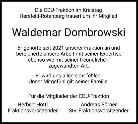 Traueranzeige von Waldemar Dombrowski von HZ