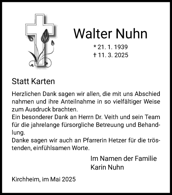 Traueranzeige von Walter Nuhn von HZ