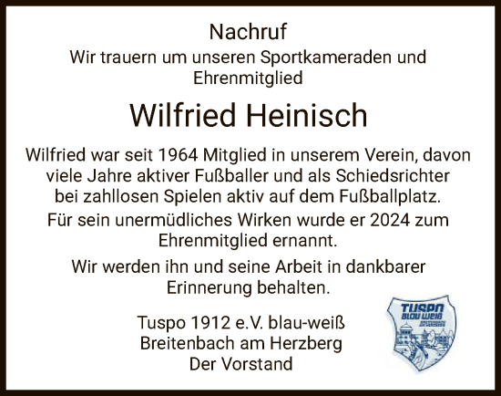 Traueranzeige von Wilfried Heinisch von HNHZ