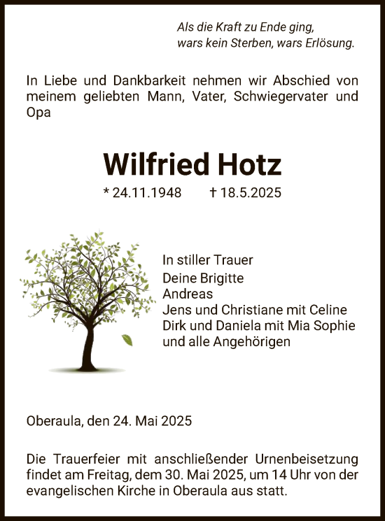 Traueranzeige von Wilfried Hotz von HNAHZ