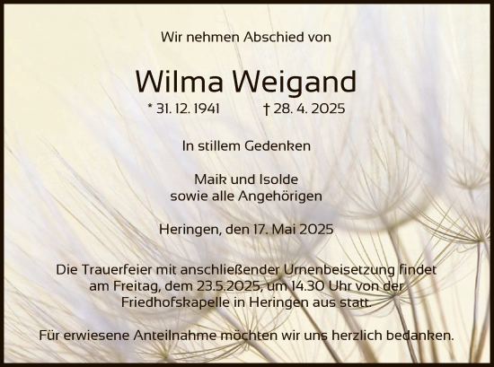 Traueranzeige von Wilma Weigand von HZHNA
