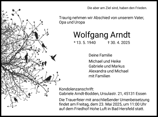 Traueranzeige von Wolfgang Arndt von HZ