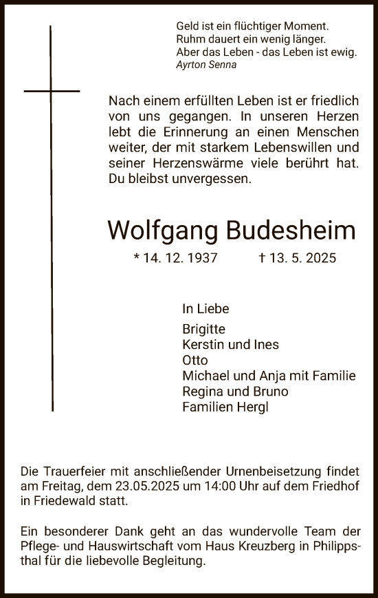 Traueranzeige von Wolfgang Budesheim von HZ