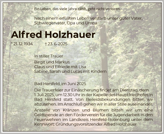 Traueranzeige von Alfred Holzhauer von HZHN