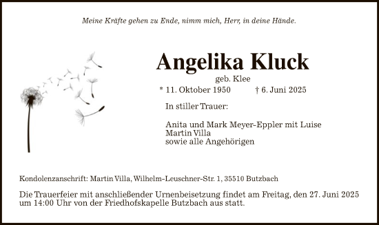 Traueranzeige von Angelika Kluck von HZ