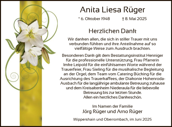 Traueranzeige von Anita Liesa Rüger von HZ