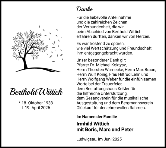 Traueranzeige von Berthold Wittich von HNAHNAHZ
