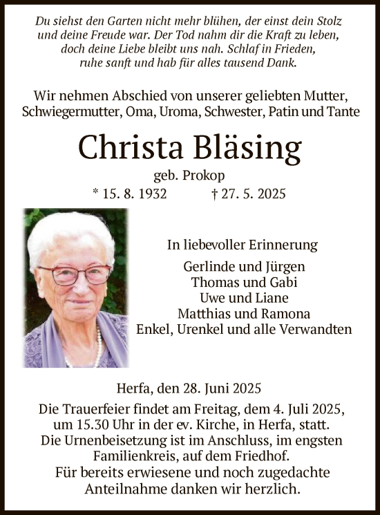Traueranzeige von Christa Bläsing von HZHN