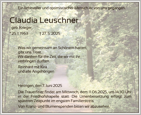 Traueranzeige von Claudia Leuschner von HZ