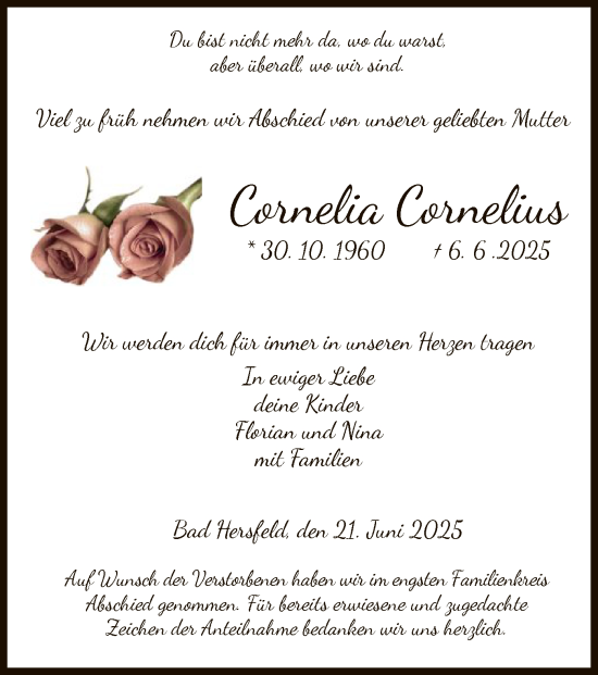 Traueranzeige von Cornelia Cornelius von HZ