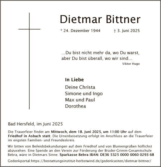 Traueranzeige von Dietmar Bittner von HZHNA
