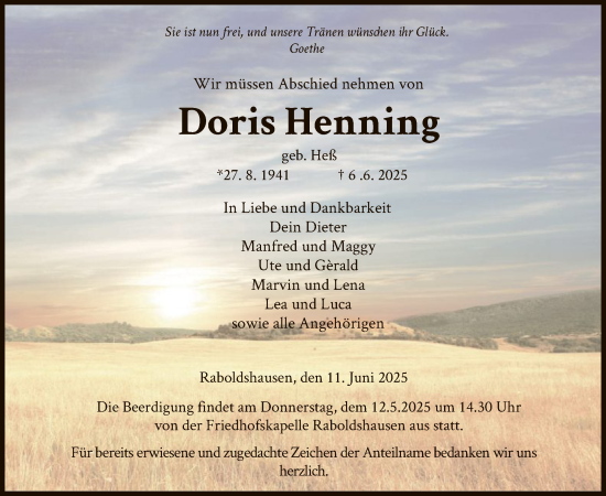 Traueranzeige von Doris Henning von HZ