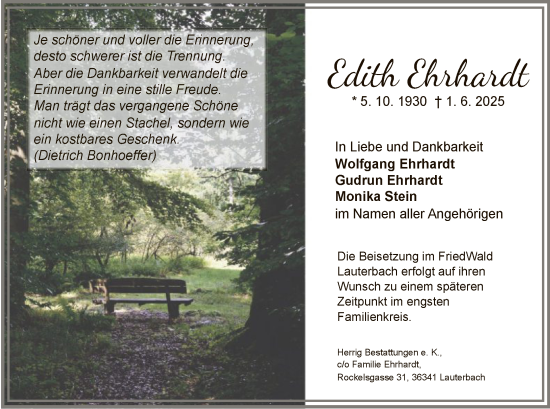 Traueranzeige von Edith Ehrhardt von HZ