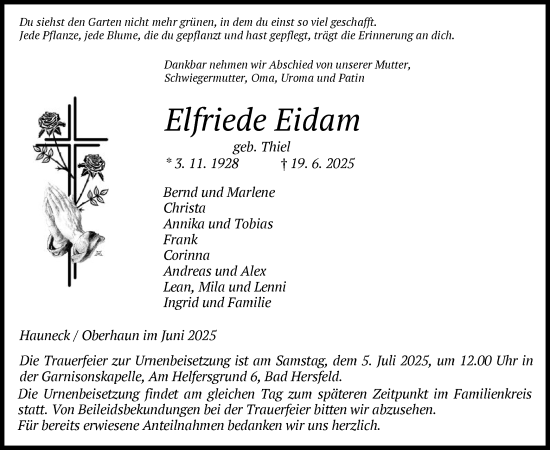 Traueranzeige von Elfriede Eidam von HZ