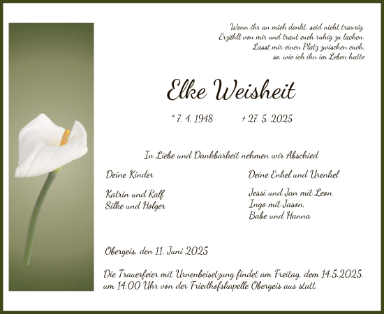 Traueranzeige von Elke Weisheit von HZ