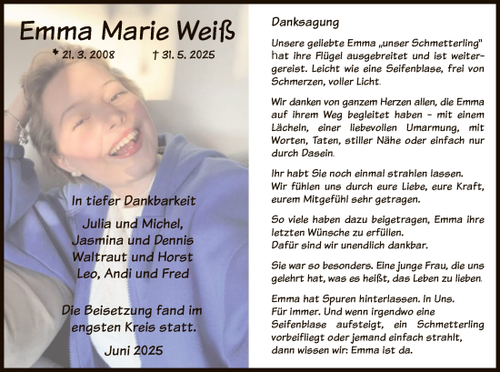 Traueranzeige von Emma Marie Weiß von HZHN