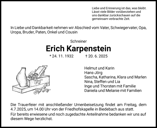 Traueranzeige von Erich Karpenstein von HZHN