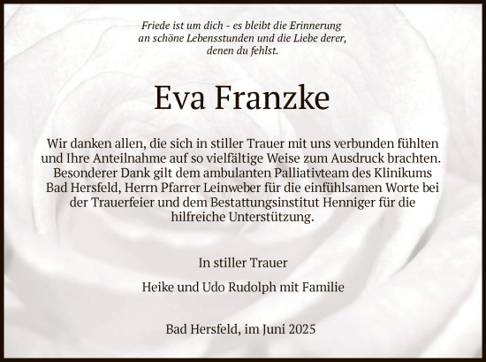 Traueranzeige von Eva Franzke von HZ