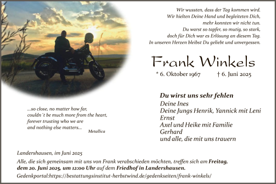 Traueranzeige von Frank Winkels von HZ