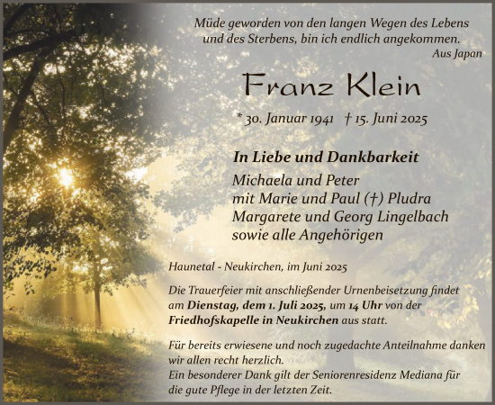 Traueranzeige von Franz Klein von HZ