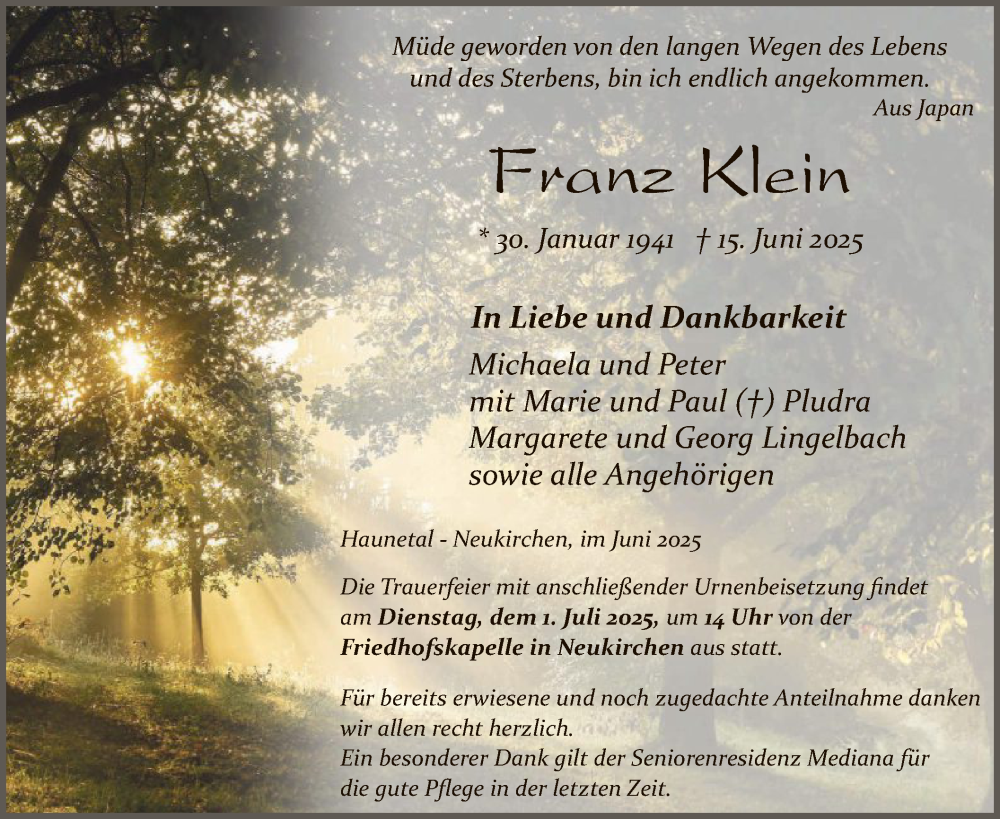  Traueranzeige für Franz Klein vom 21.06.2025 aus HZ